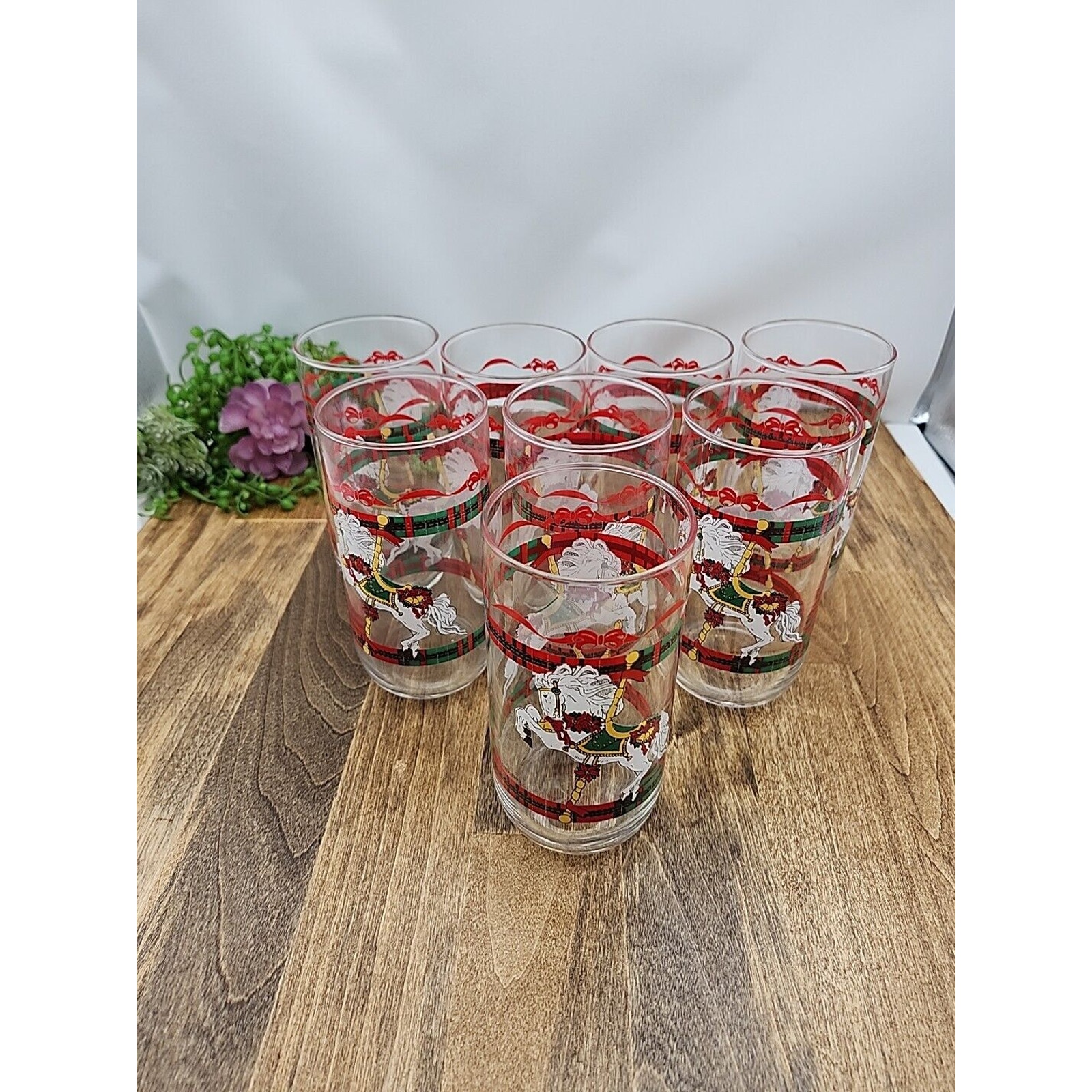 8 Libbey Carousel Horse Christmas Holiday Tumbler Glasses House Of Lloyd 1990