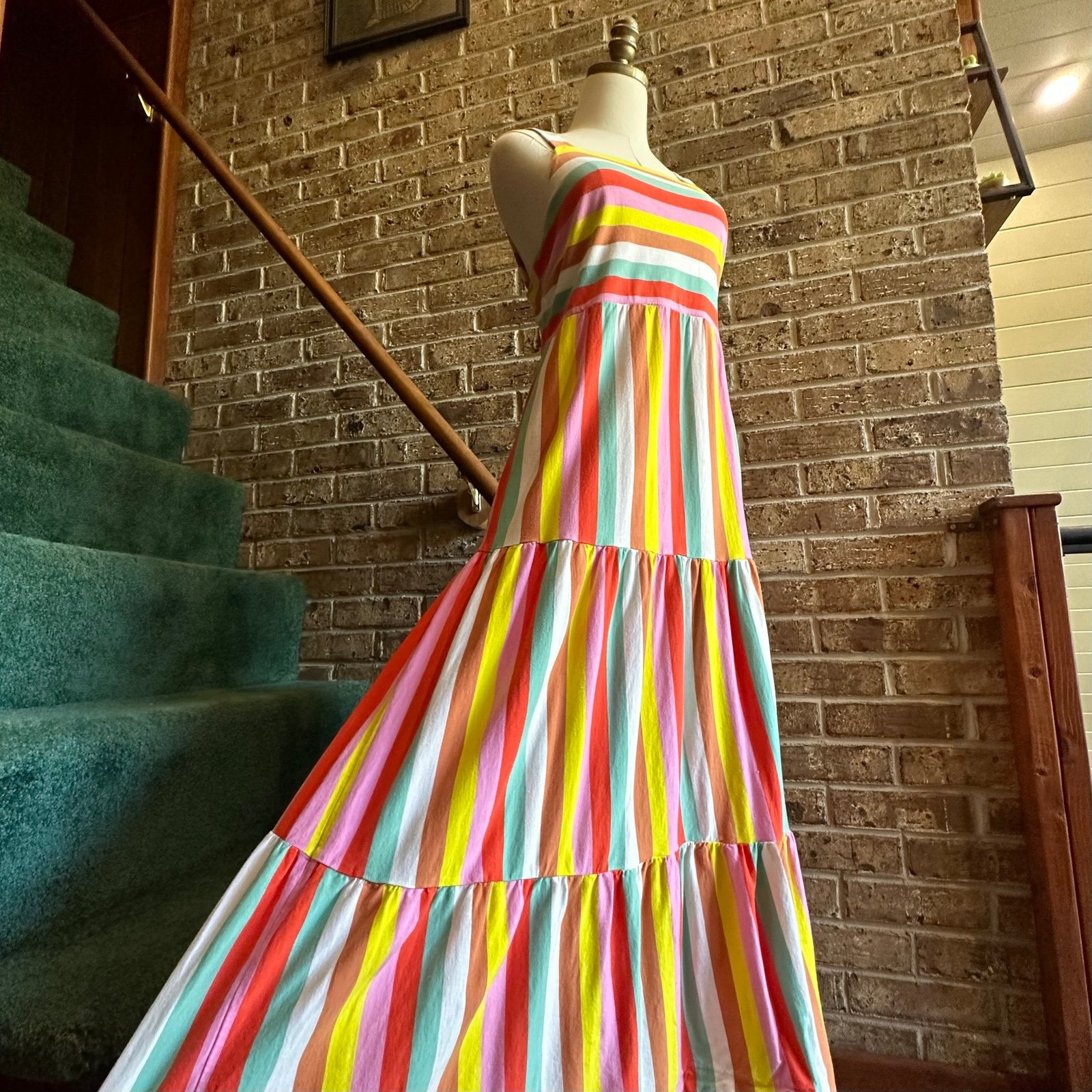 Colorful Maximalist Eclectic Bright Rainbow Striped Tiered Maxi Dress Good cond
