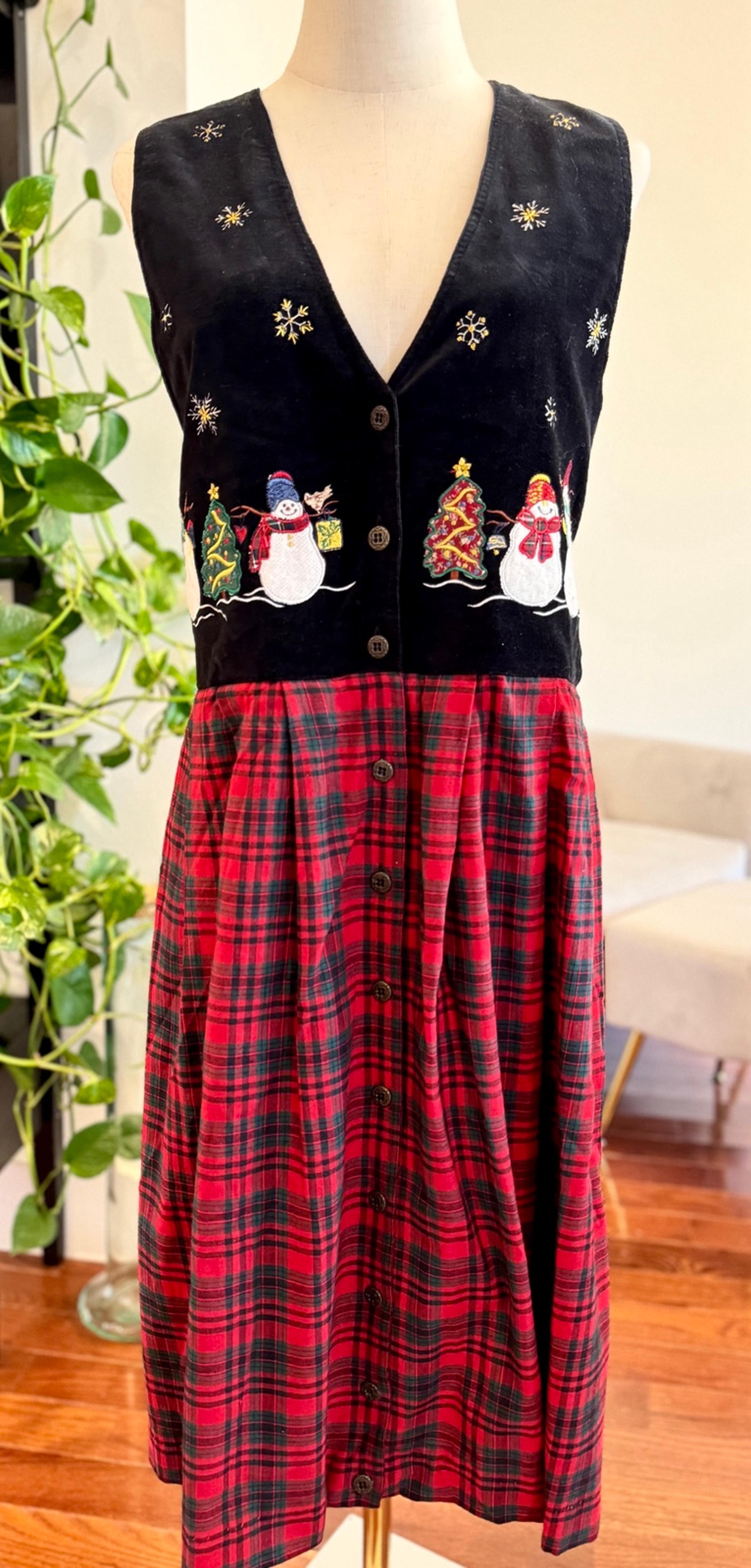 M Vintage Black Velvet Red Tartan Plaid Christmas Holiday Jumper Dress Snow Vest