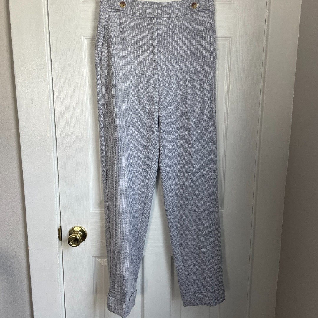 NWT Ann Taylor high rise straight leg blue white tweed woven pants cuffed twee