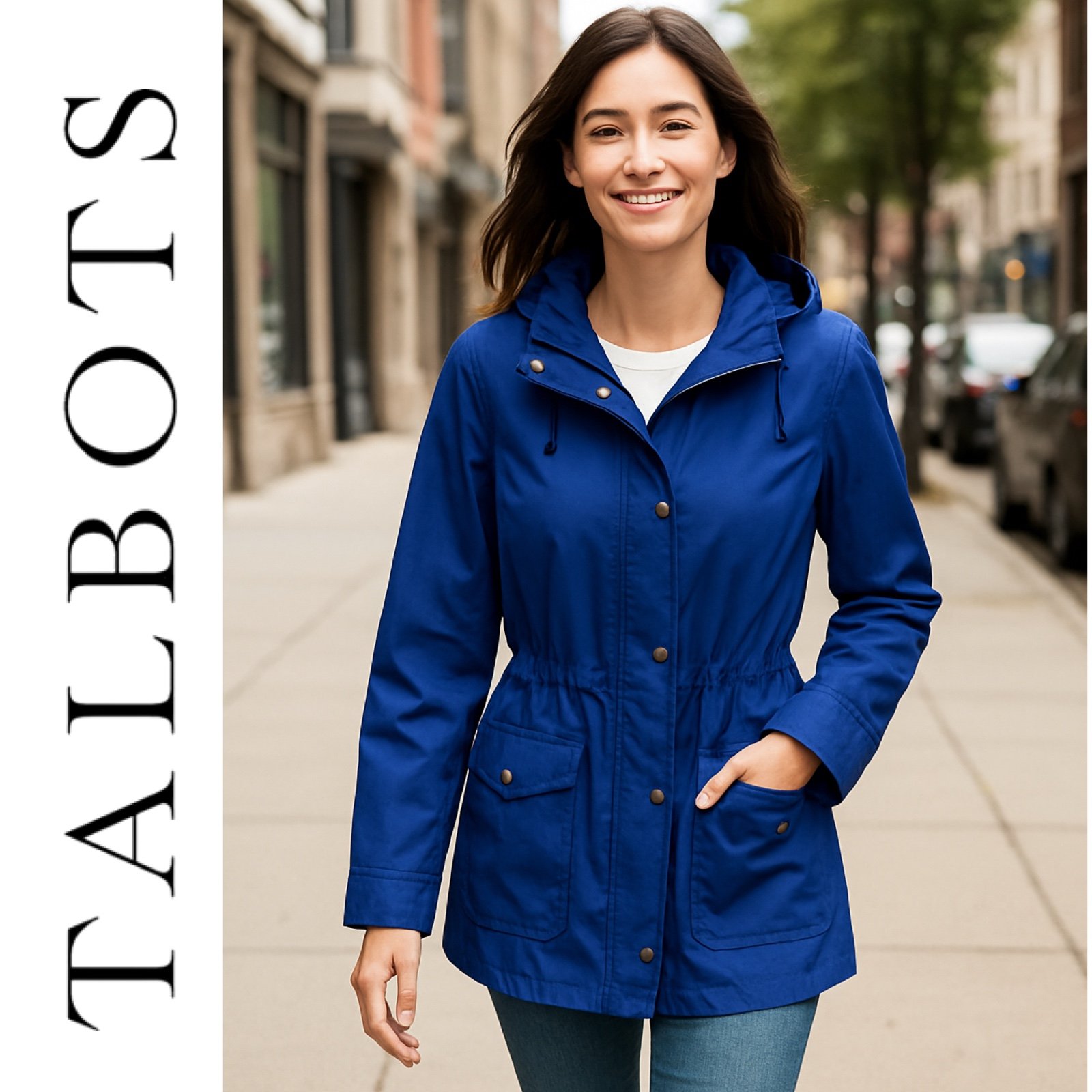 TALBOTS Hooded Anorak Jacket Royal Blue Button Zip Closure Tie Waist Sz Medium
