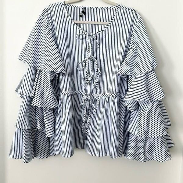 Dice Striped Tiered Sleeve Blouse 2X