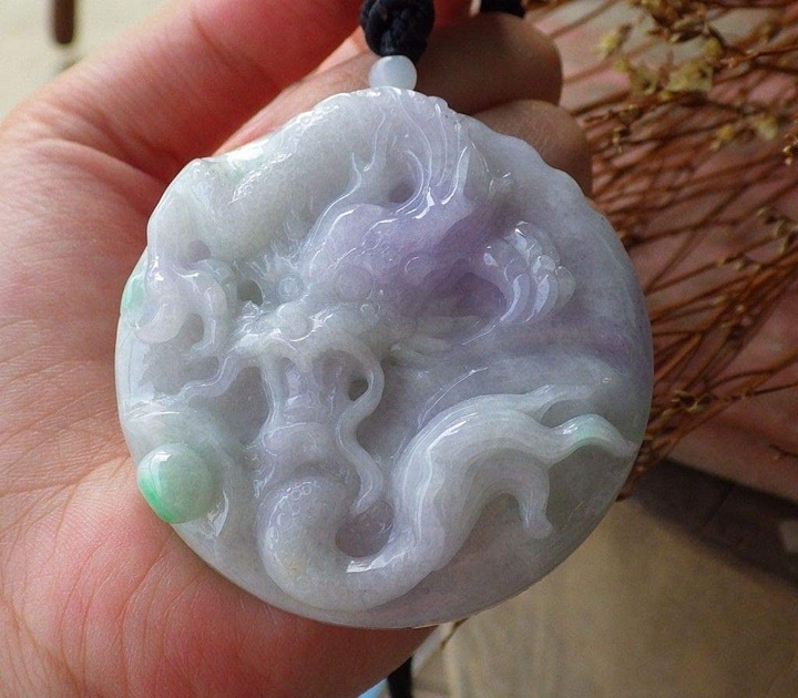 Certified Natural Lavender Burma A Jade jadeite Dragon Bead Pendant Necklace