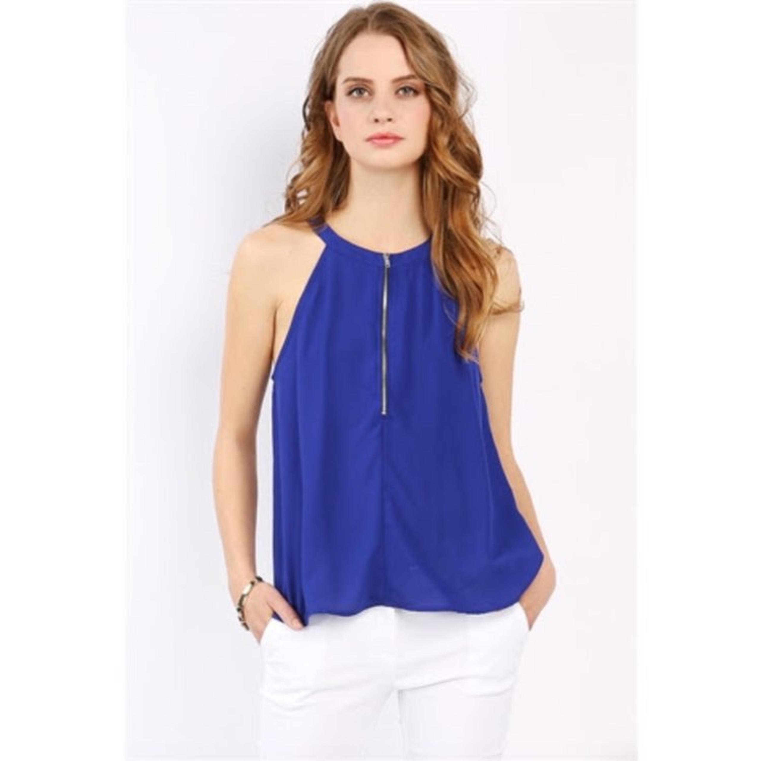 Cobalt Blue Zipper Detail Chiffon Top