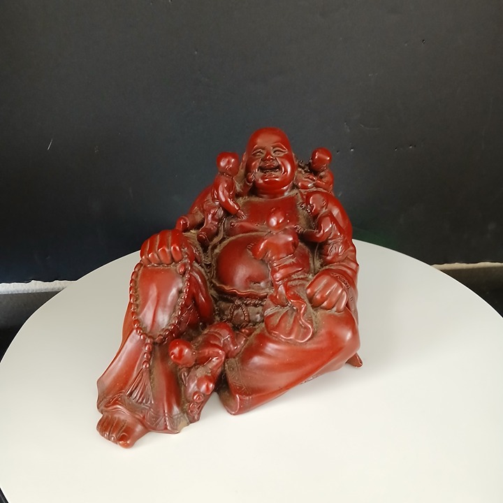 Vintage Laughing Buddha with Children Red Resin