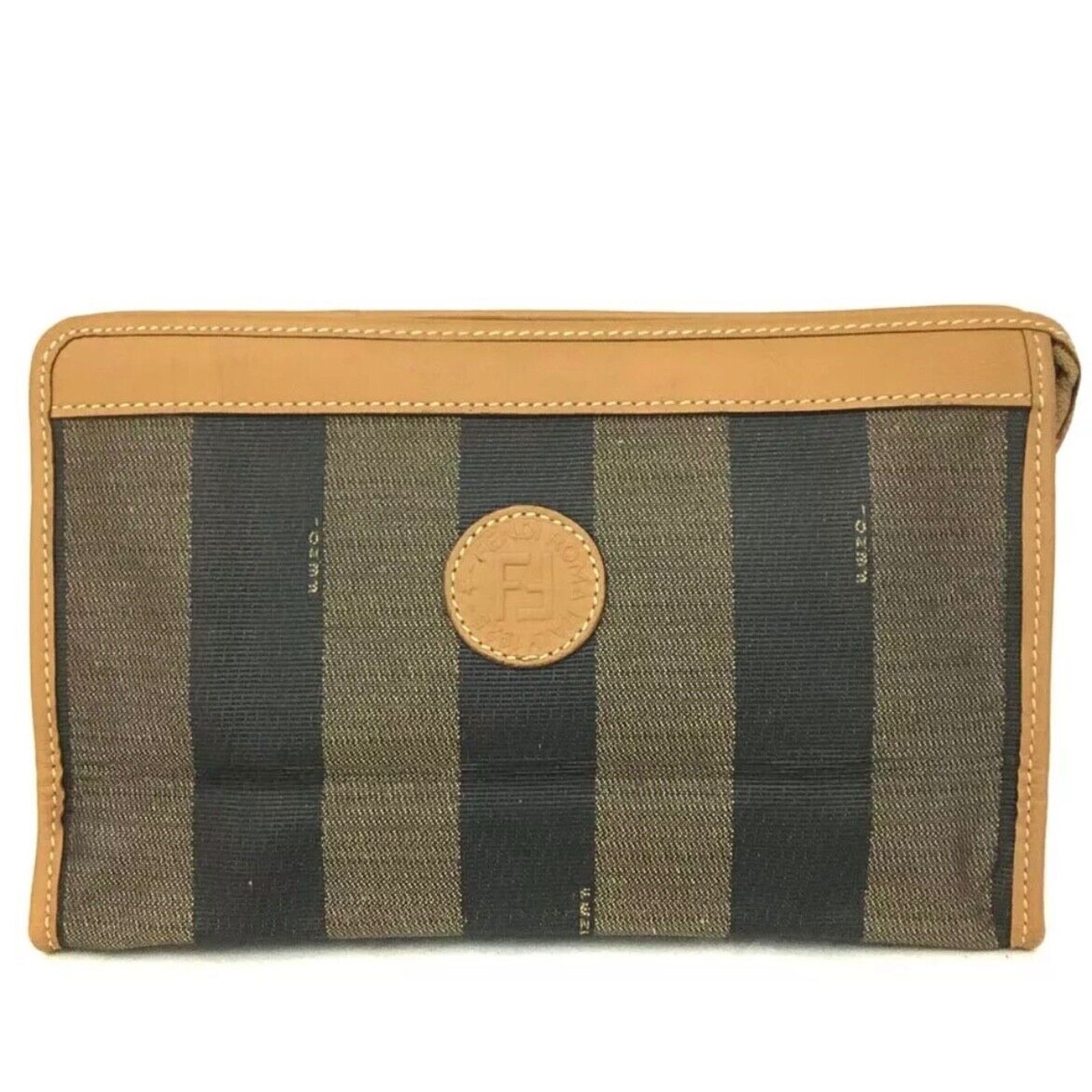 Authentic FENDI Pequin PVC Leather Pouch Clutch Bag Khaki