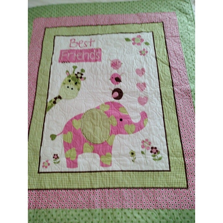 Best Friends Baby Quilted Blanket Pink & Green Giraffe Elephant Birds 36 X44
