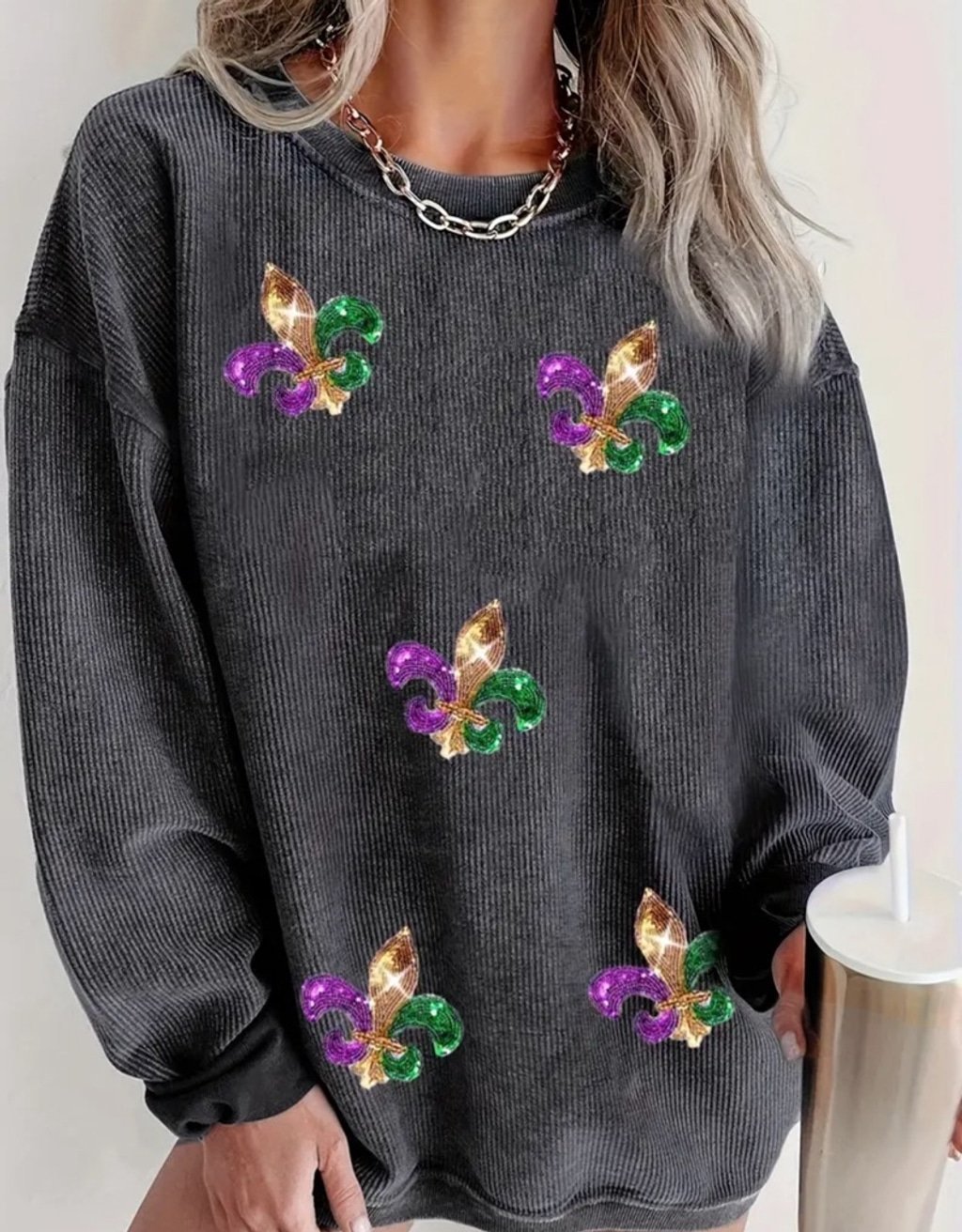 Gray Sweatshirt with Mardi Gras Sequins Fleur De Lis Accents