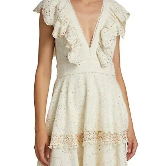 FARM RIO MISSES SZ X-LARGE IVORY RUFFLE EYELET PATCH BEADED DRESS