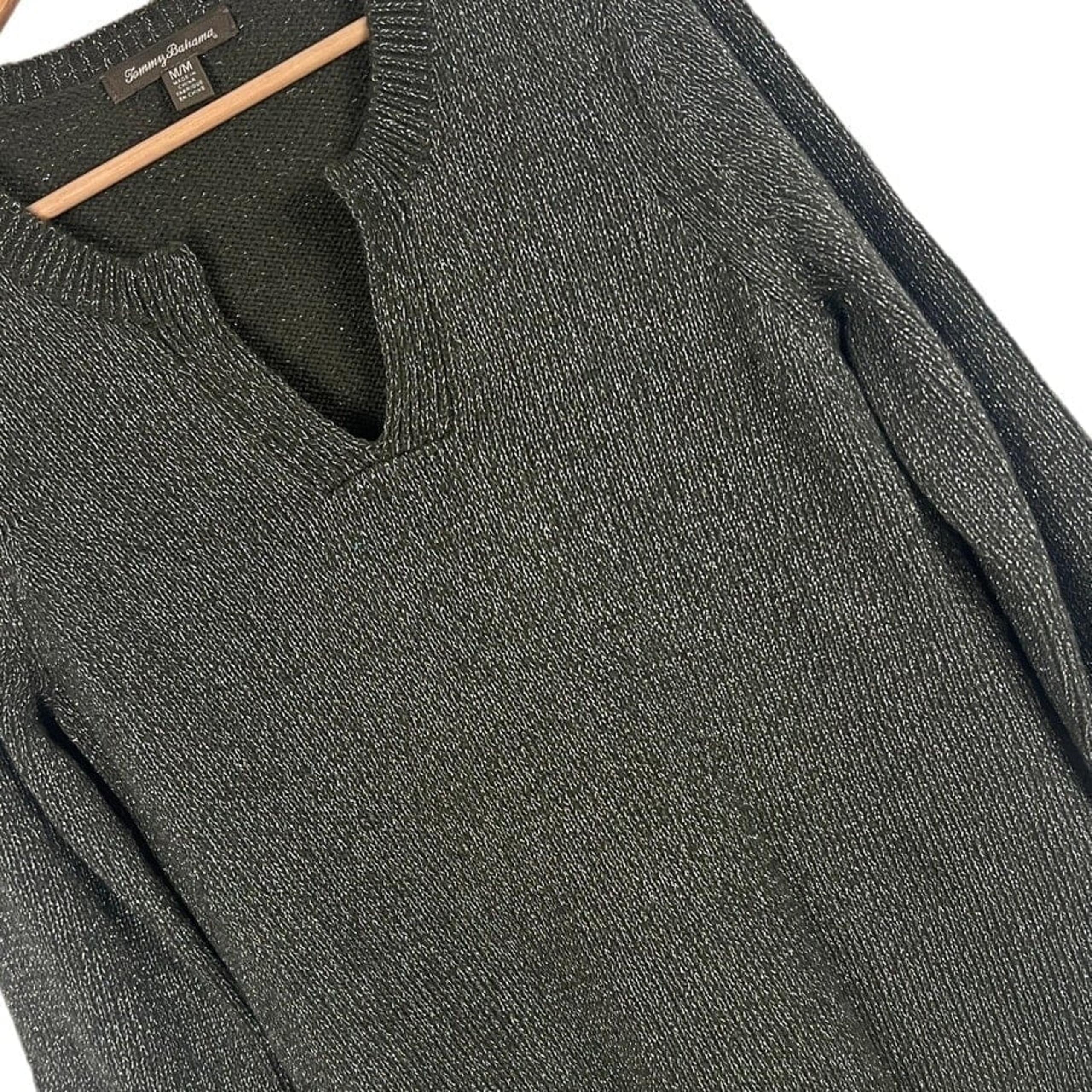 TOMMY BAHAMA Women's M Metallic Wool Blend V-Neck 3/4 Pullover Tunic Sweater