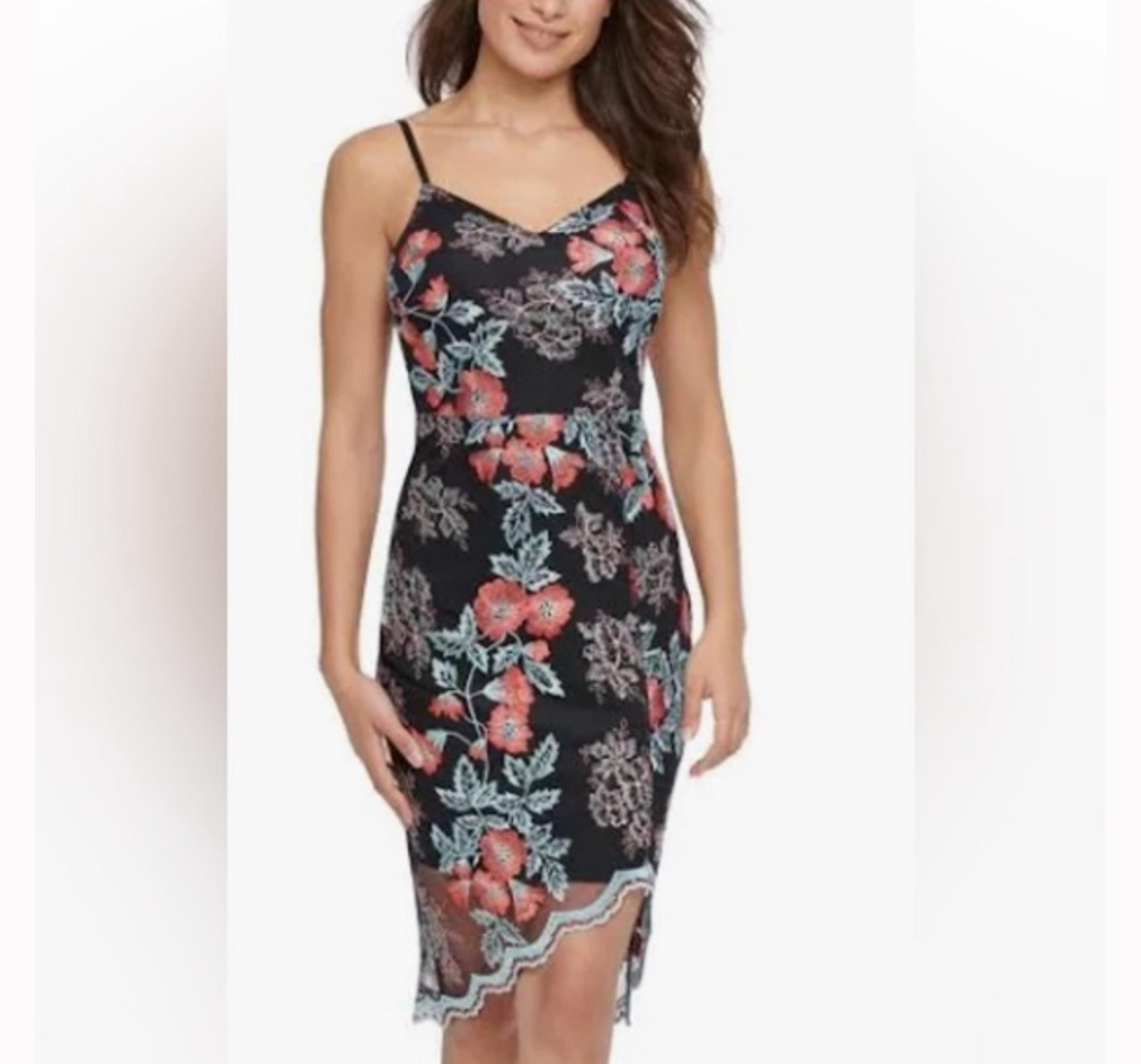 GUESS embroidered floral mesh dress black teal coral women's size 10