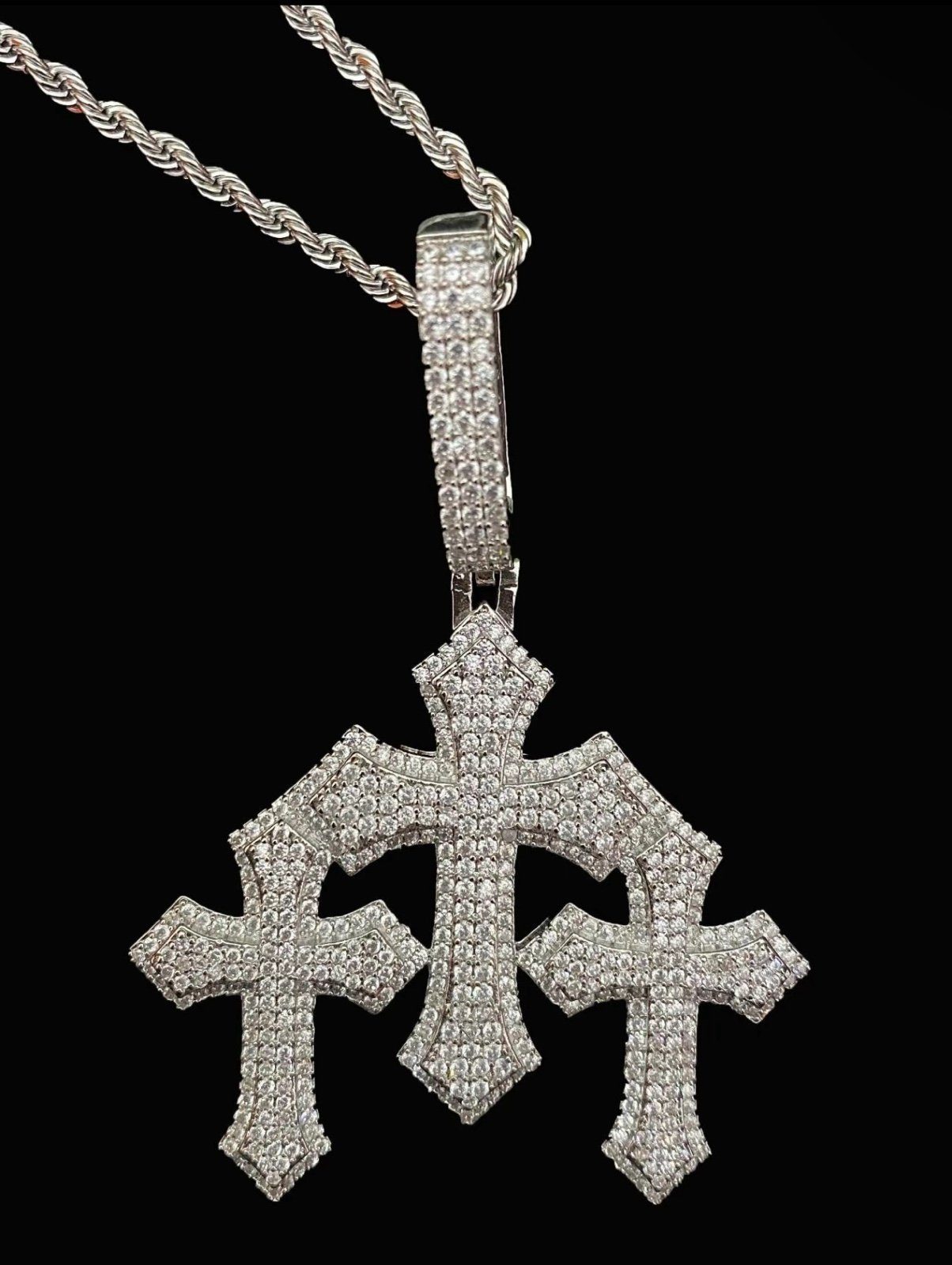 New Simulated Diamond Triple Cross Necklace w/Rope Chain