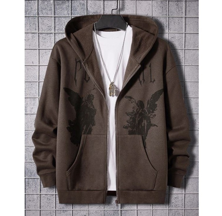 Hoodie Loose Fit Men's Angel & Letter Print Kangaroo Pocket Sweatshirt L1