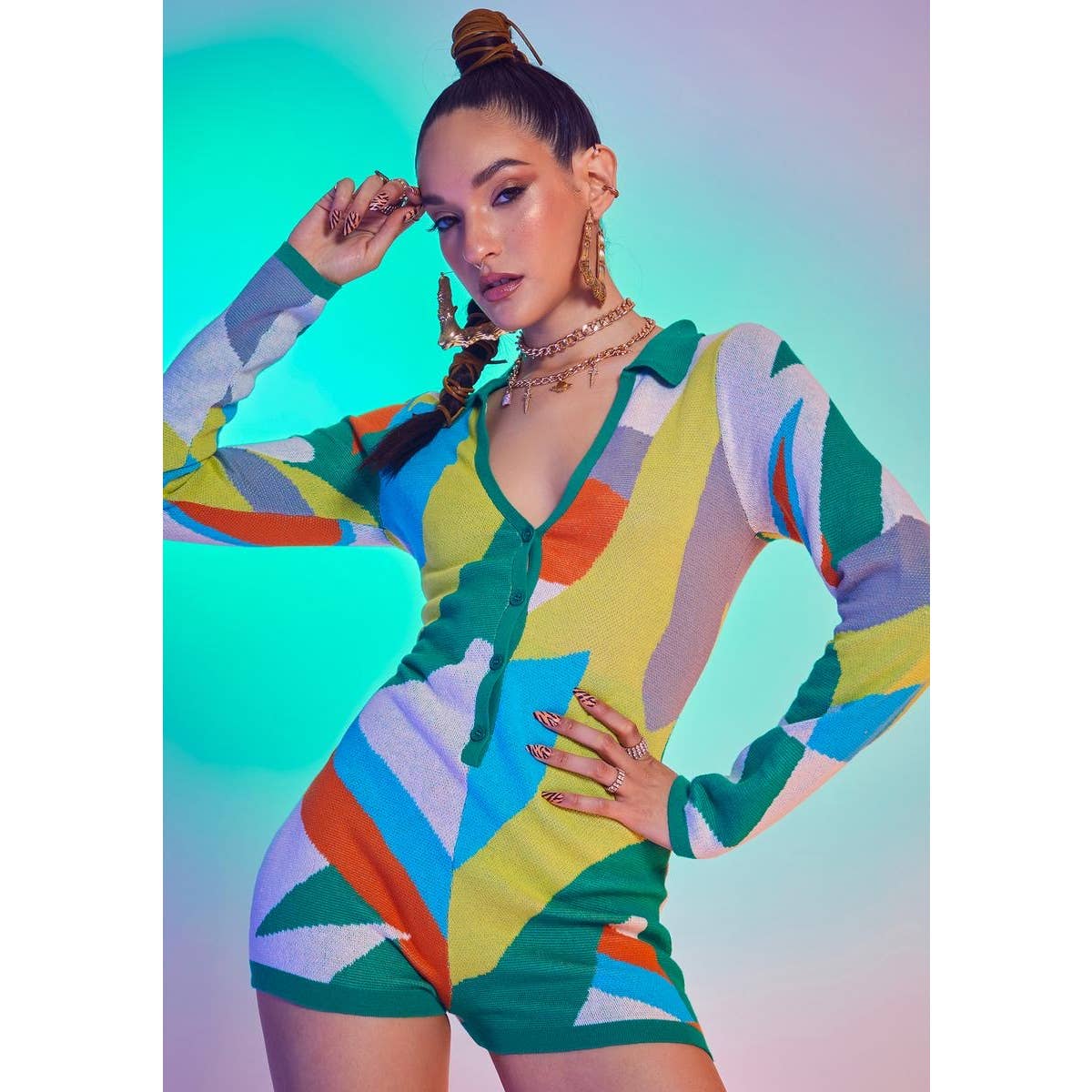 Jaded London Abstract Art Print Long Sleeve Romper