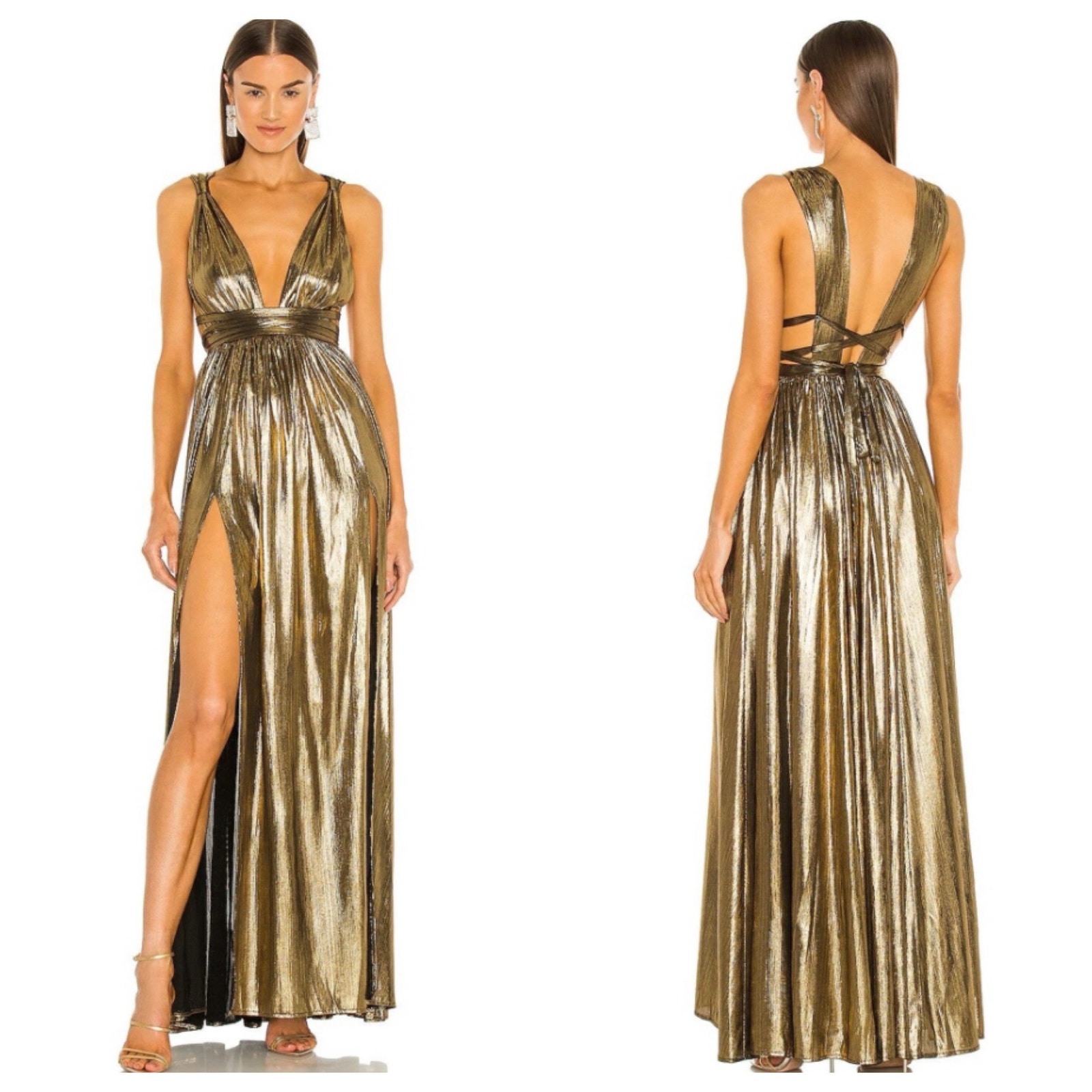 Revolve Bronx and Banco Lace-Up Back Goddess Gown Gold Size L/ US 8 NWT