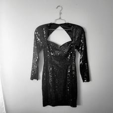Vintage 1980s Cache Black Sequin Cocktail Long Sleeve Mini Dress, size 6
