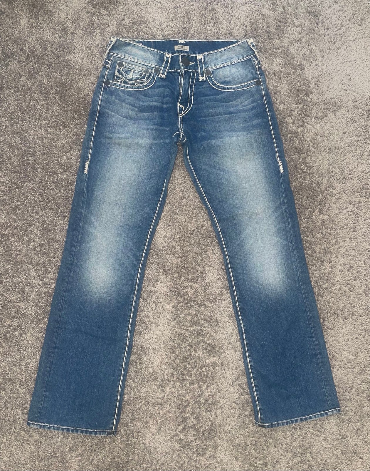 True Religion SUPER T Men's Relaxed Straight Stich Blue Denim Ricky Jeans 29 USA