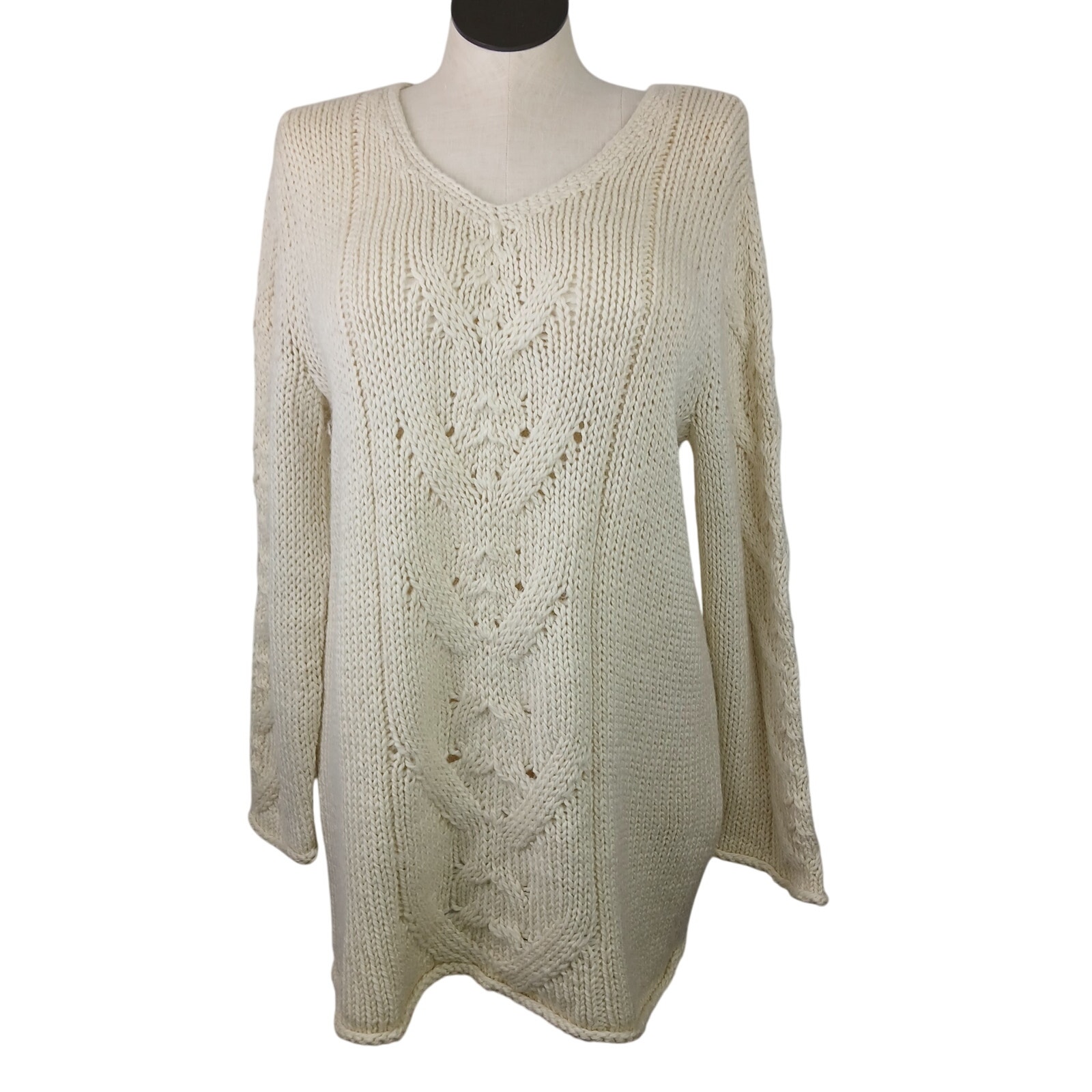 J. Jill SZ L Wool Alpaca Blend V Neck Cable Knit Tunic Length Fisherman Sweater