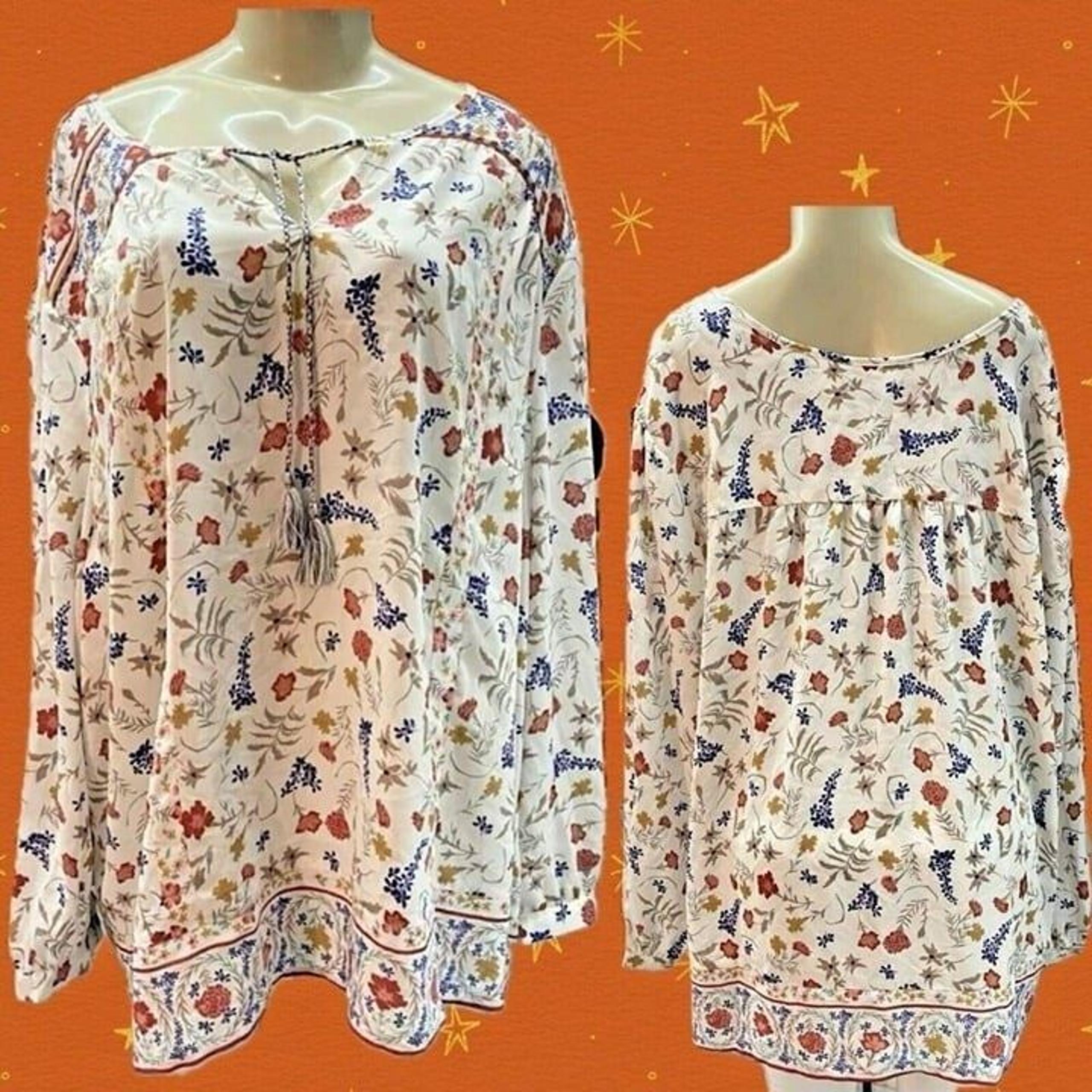 Woman Within +26/28 Fall Floral Print Tie Tassel Neck Long Sleeve Tunic Blouse