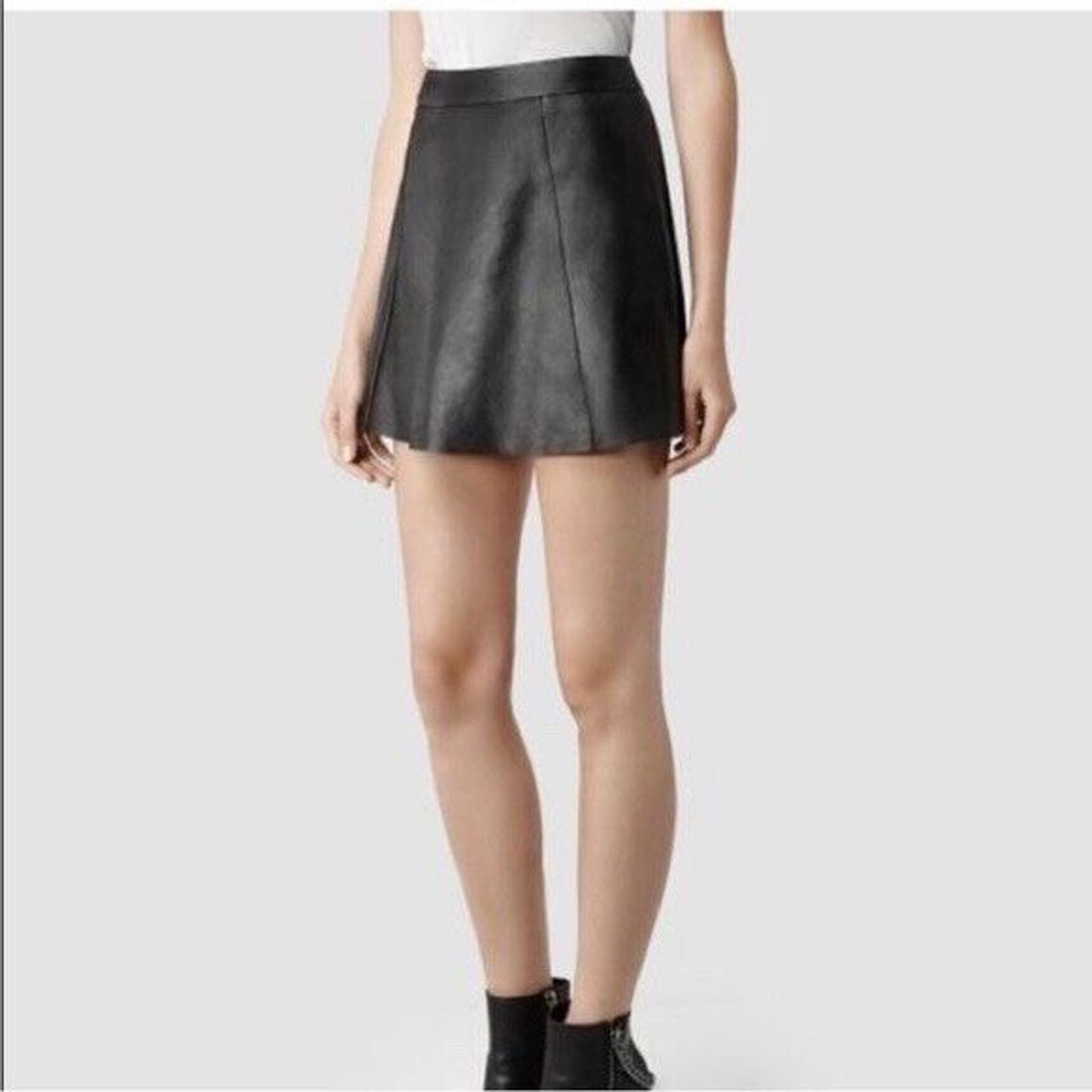 ALLSAINTS 100% Black Leather Sens Mini Skirt Full Zip US 4