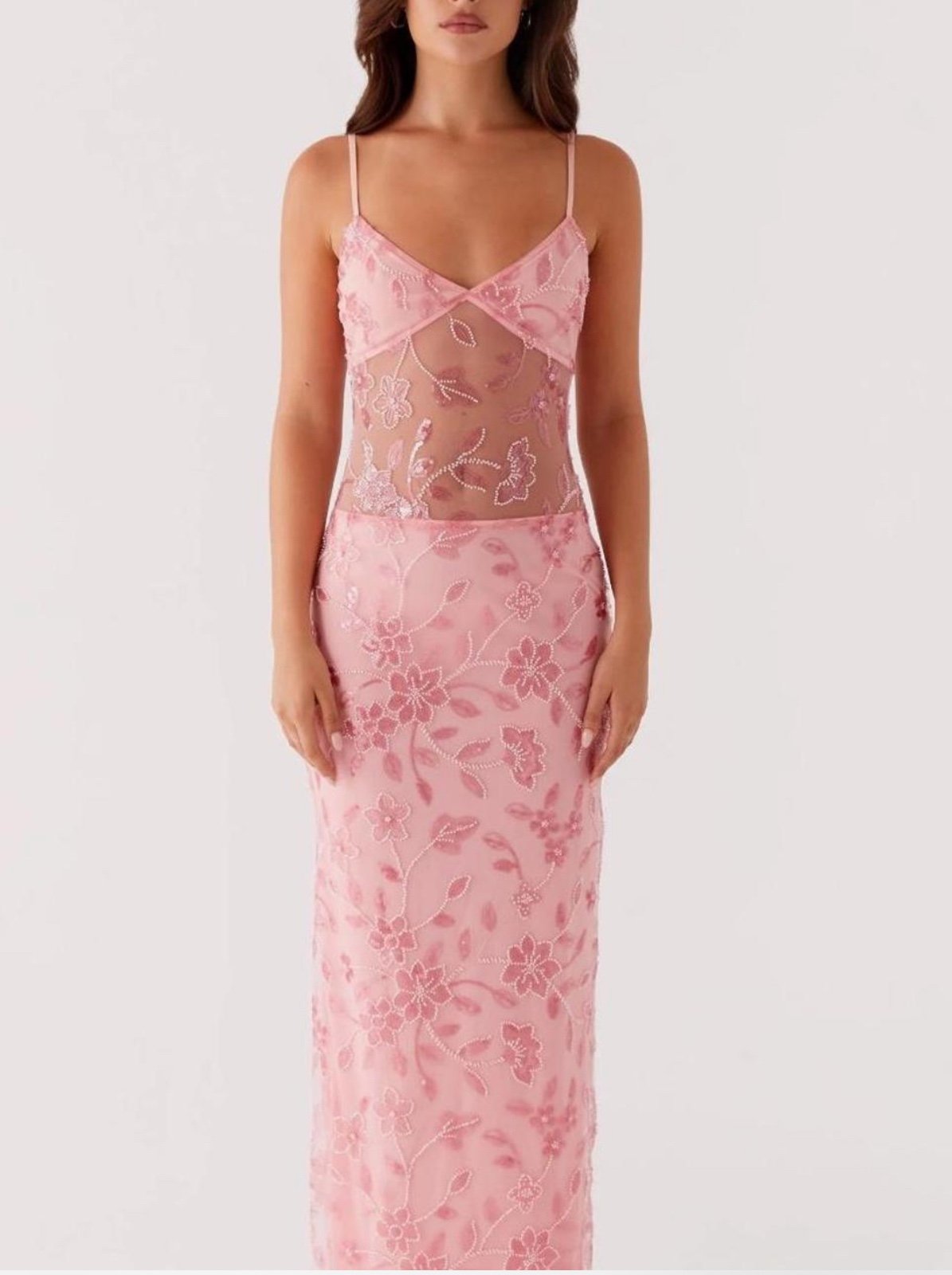 Pink floral beaded maxi dress with sheer cut-out detail
