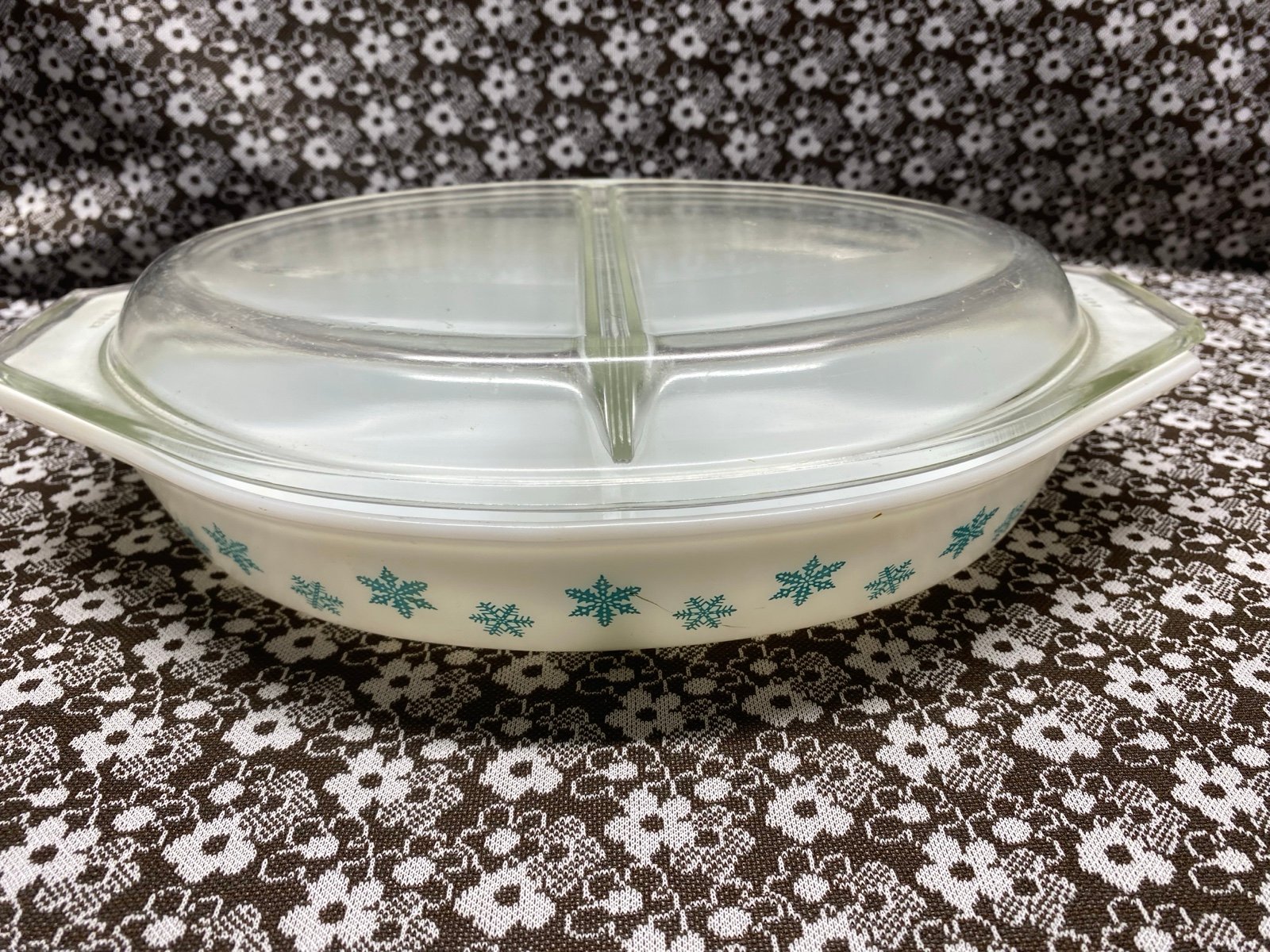 Vintage Pyrex Snowflake Turquoise on White Divided Casserole Dish