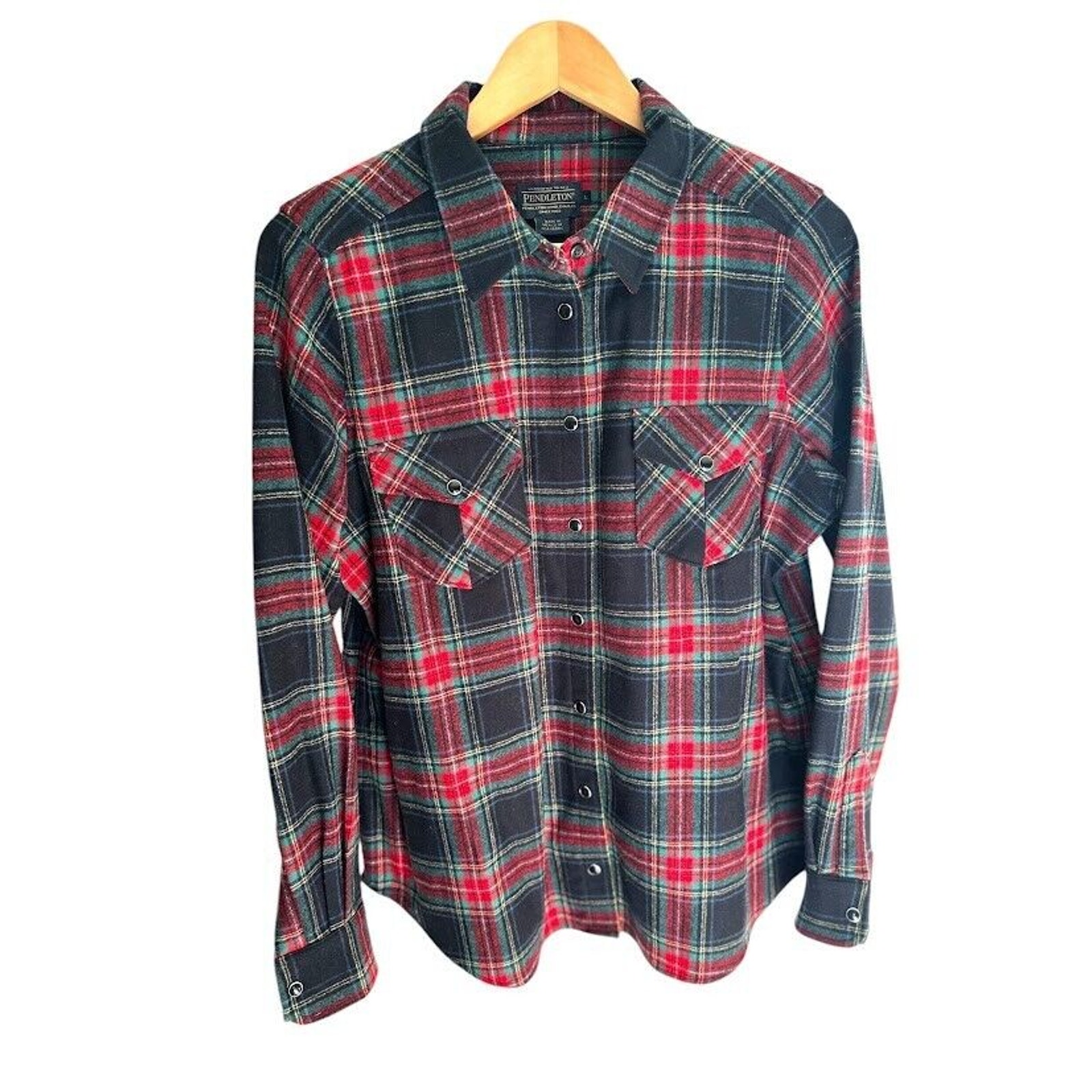 Pendleton 100% Virgin Wool Plaid Shirt Womens Large L Pearl Button Up Western
