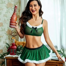 Christmas Lingerie Sets Sexy Santa Mesh Babydoll Teddy Top Mini Skirt Sz S-XXL