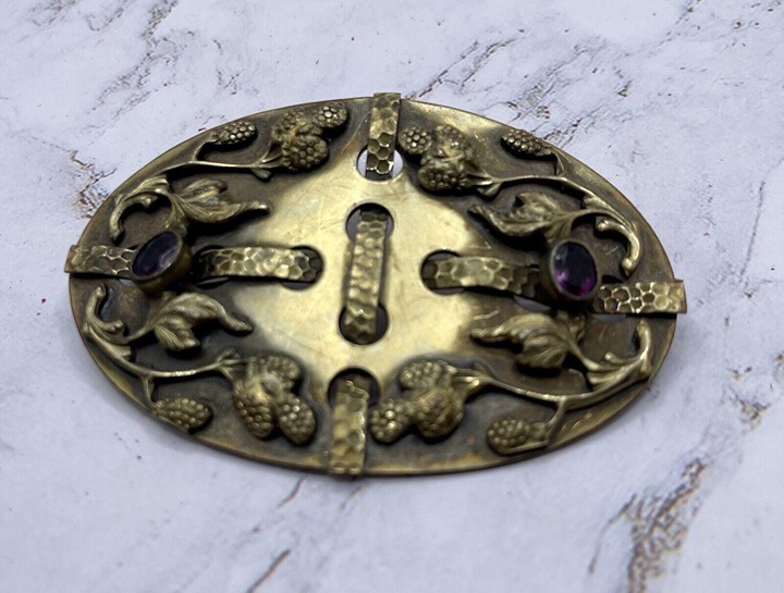 Antique Victorian 1890s Brass Buckle Brooch With Amethyst Stones