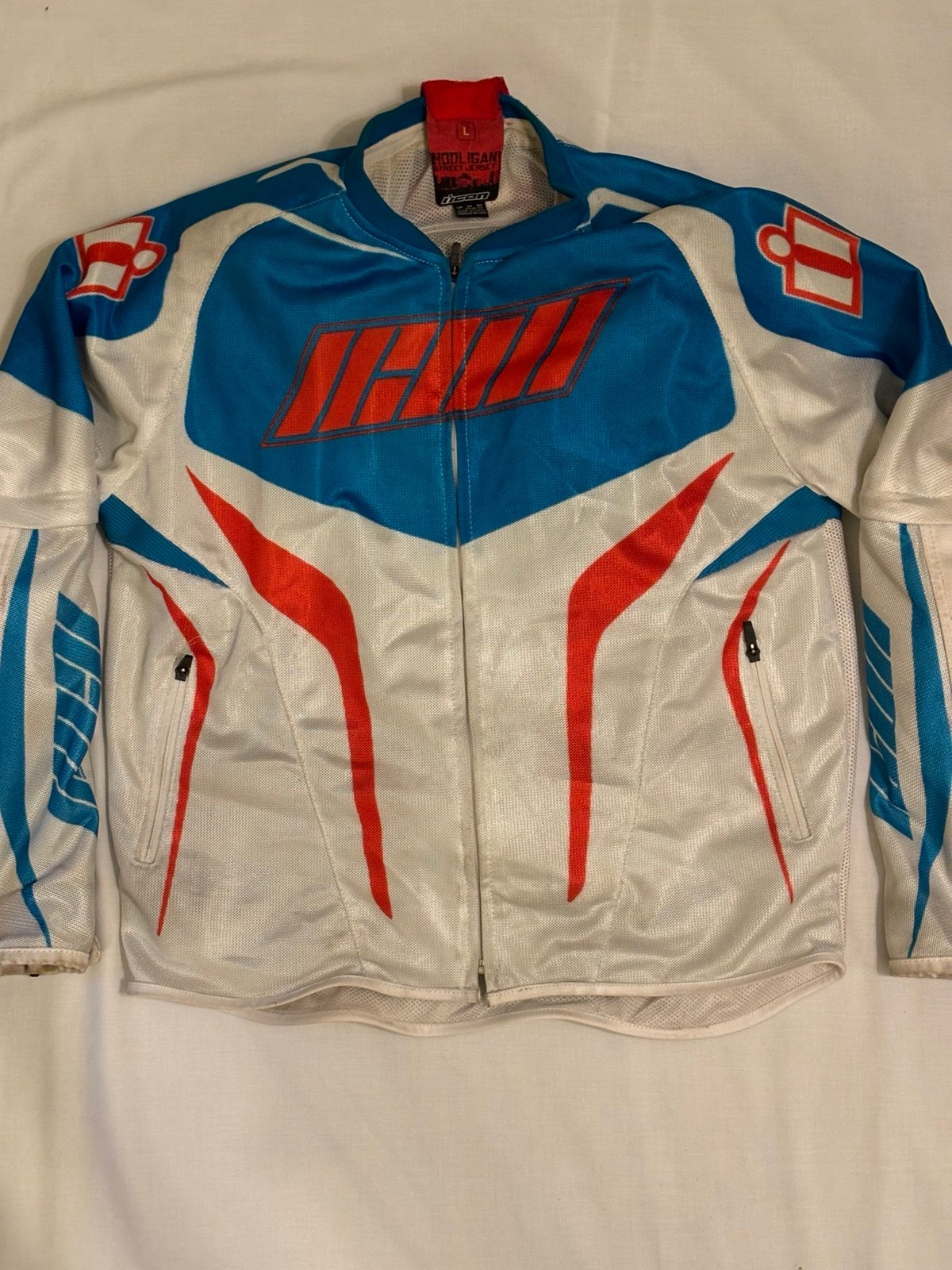Icon Hooligan Street Jersey Mesh Motorcycle Jacket Men's LARGE Red/White/Blue