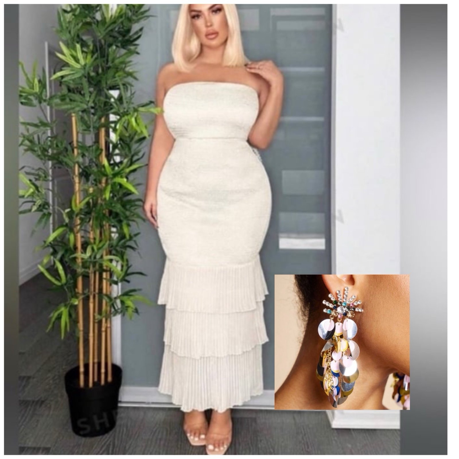 Elegant Off White Formal Dress & Fashion Earrings BUNDLE