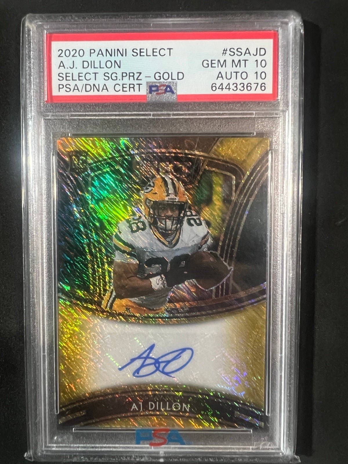 2020 Select Gold Prizm Auto 8/10 PSA 10/10 AJ Dillon POP 1
