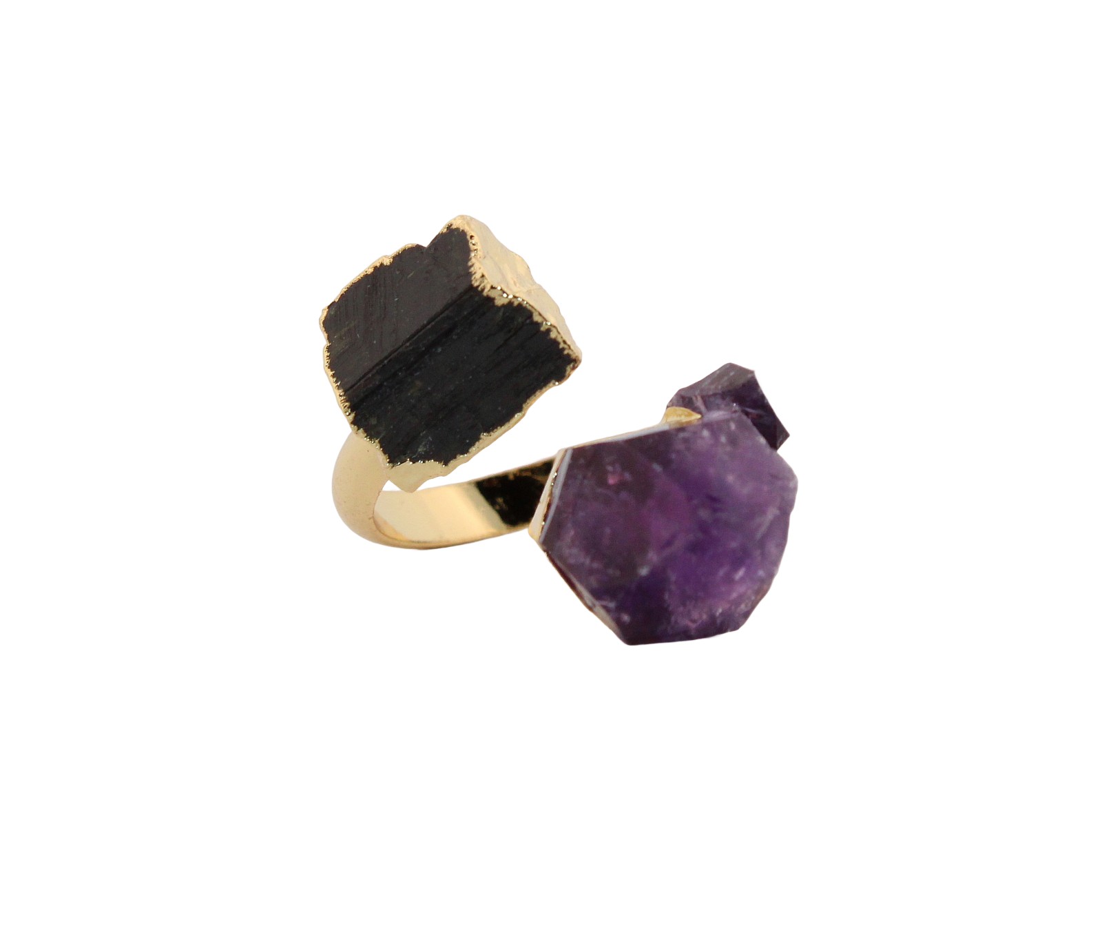 Natural Black Tourmaline & Amethyst Gold Adjustable Ring NBTAGAR4