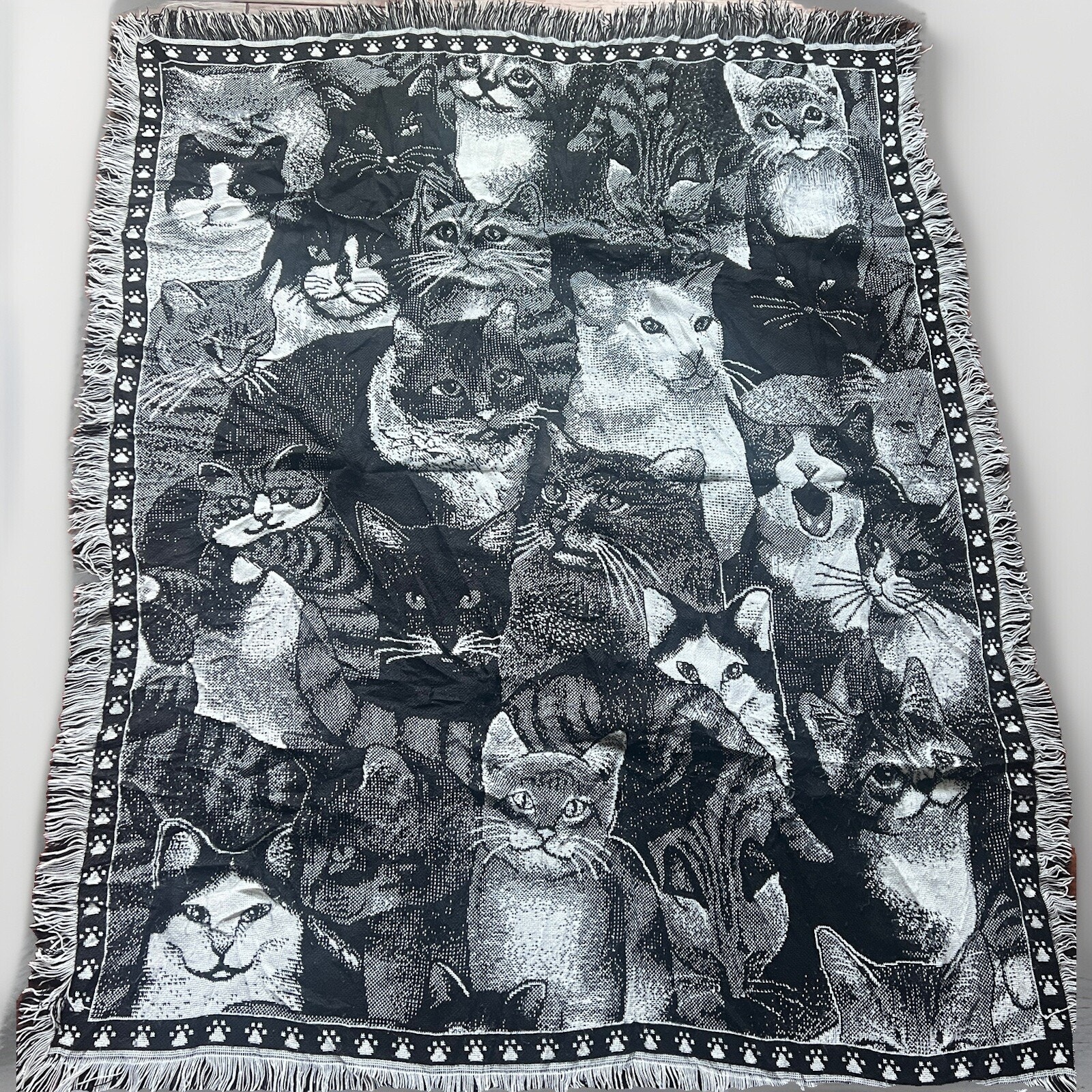 Cat Tapestry Throw Blanket 50x60” Black & White American Weavers USA Made Kitten