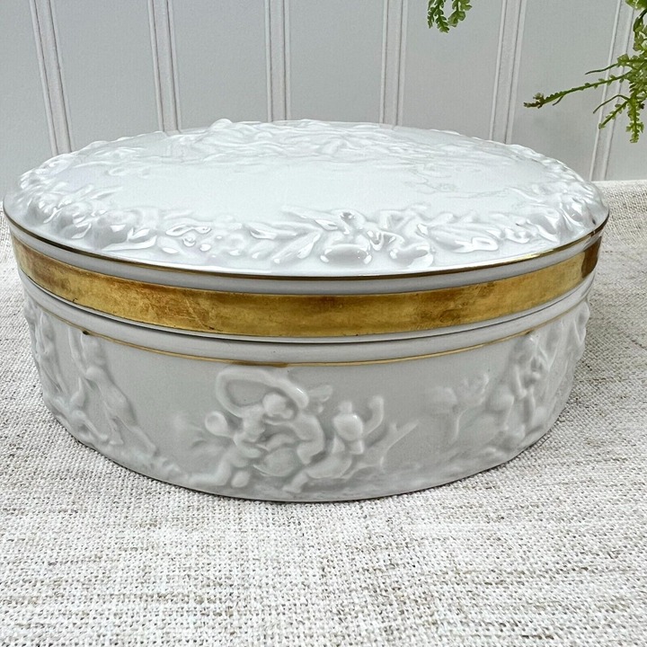 Vintage Capodimonte Jewelry Powder Box White Porcelain Embossed Gilded Dresser