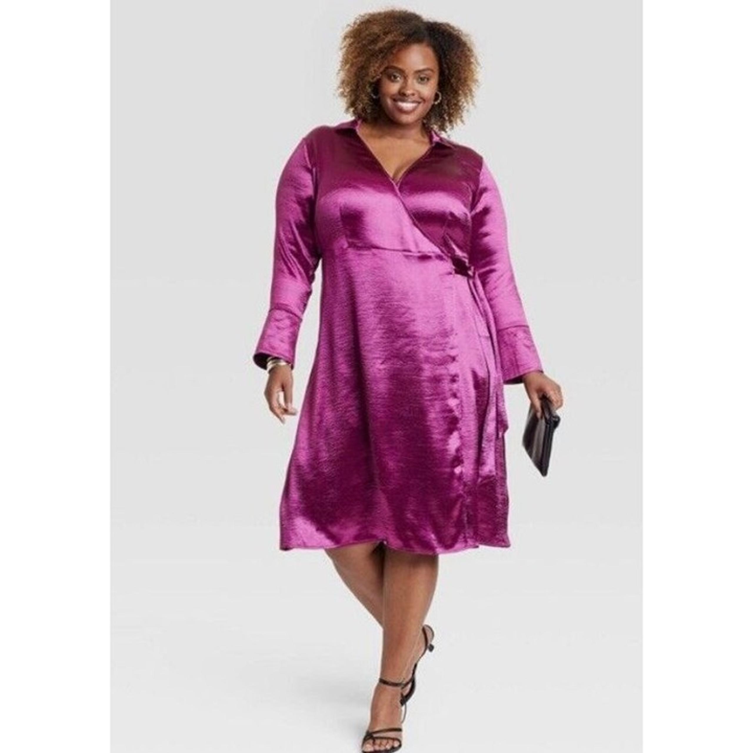 Ava & Viv Women's Long Sleeve Satin Midi Wrap Dress Purple 2X