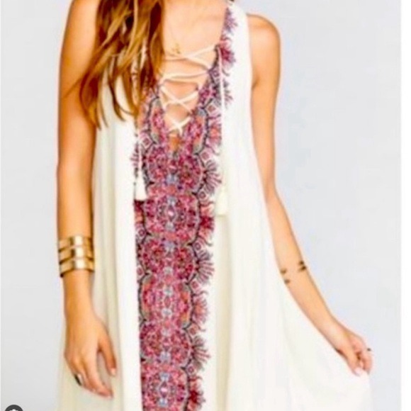 Boho Sleeveless Dress With Tassel Tie & Paisley Print Beige/Maroon Women’s Size
