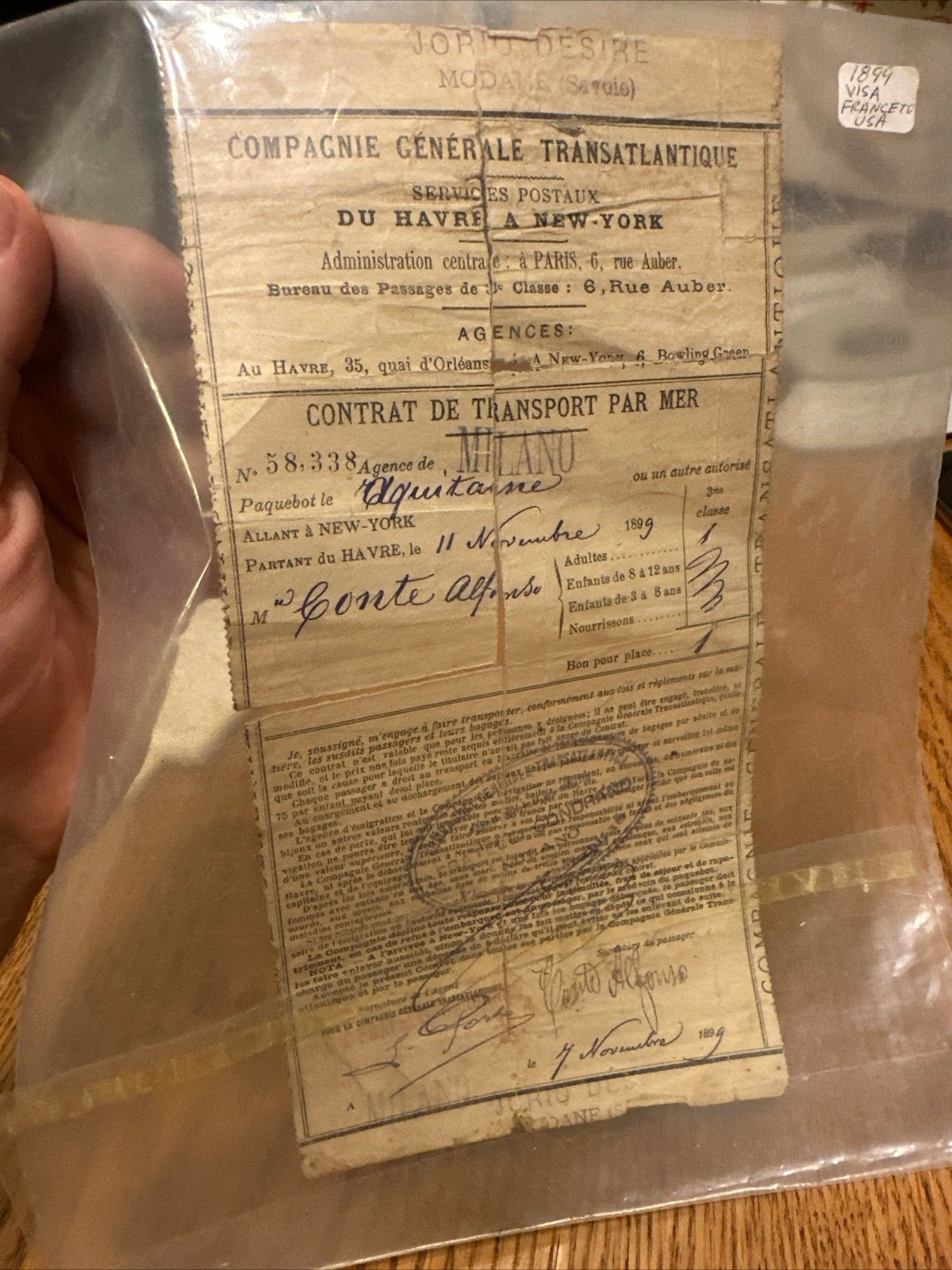 Compagnie Generale Transatlantique France 1899 Cruise Ship Contrat to NY
