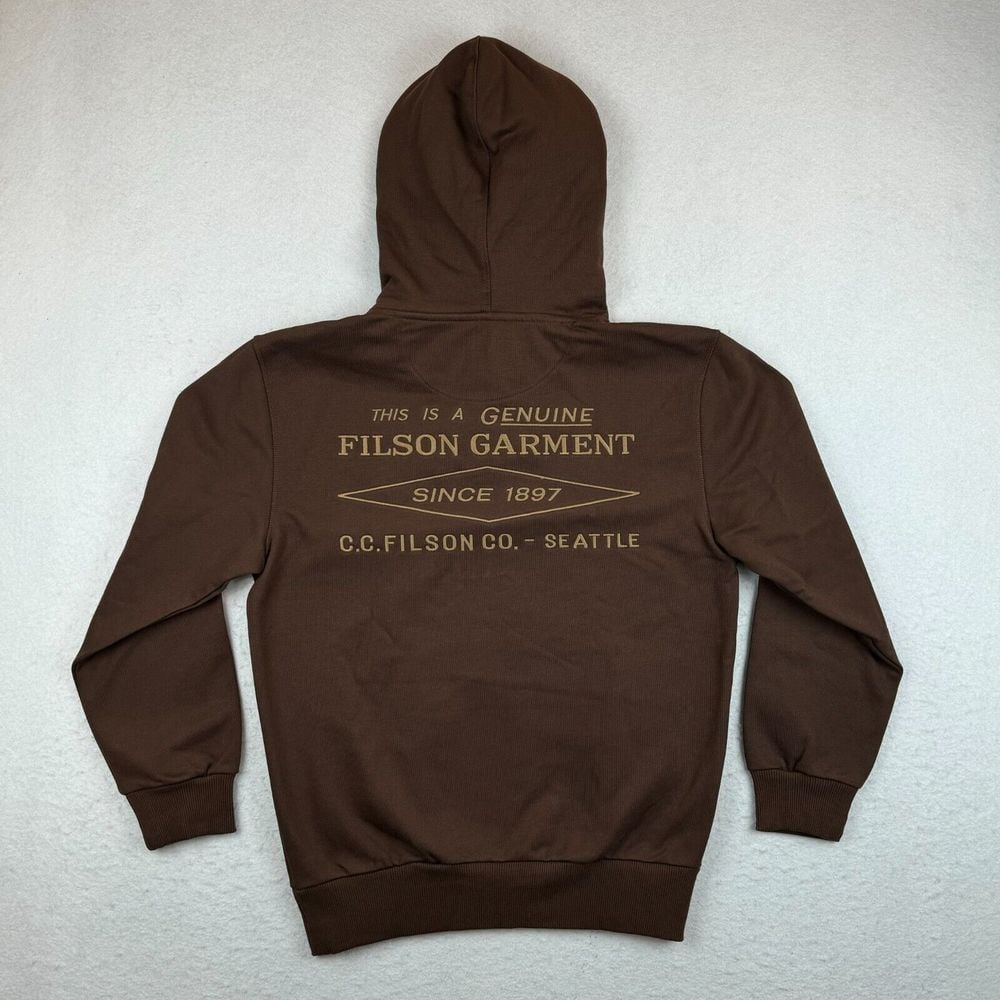 New NWT Mens Filson Prospector Embroidered Brown Hoodie Sweatshirt Size Small