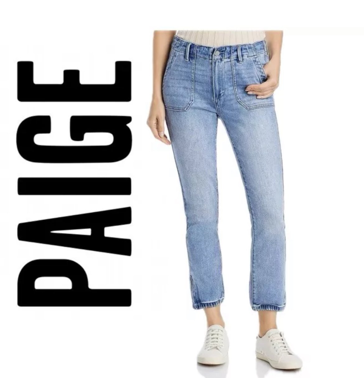 PAIGE MAYSLIE MARIENNE CROPPED DENIM JOGGER JEANS ELASTIC HEM SIZE 31 STRETCH