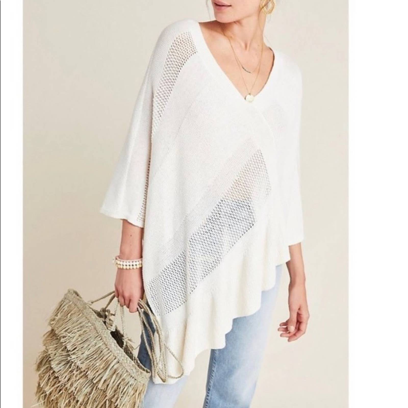 Anthropologie ivory Padma asymmetrical open knit boho ruffle hem poncho