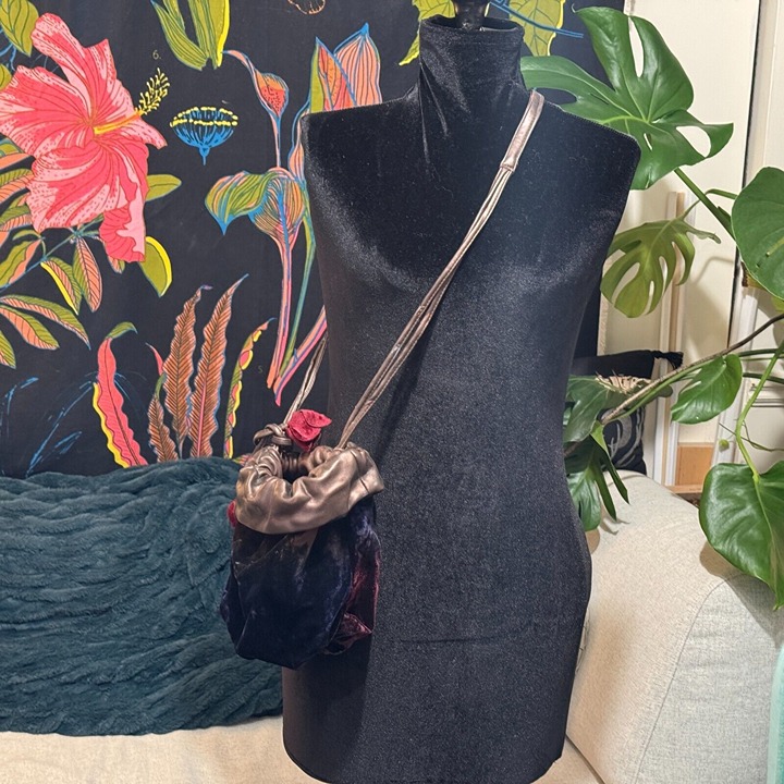 Velvet + Leather Small Drawstring Bucket Bag Multi-Color with Velvet Flowers