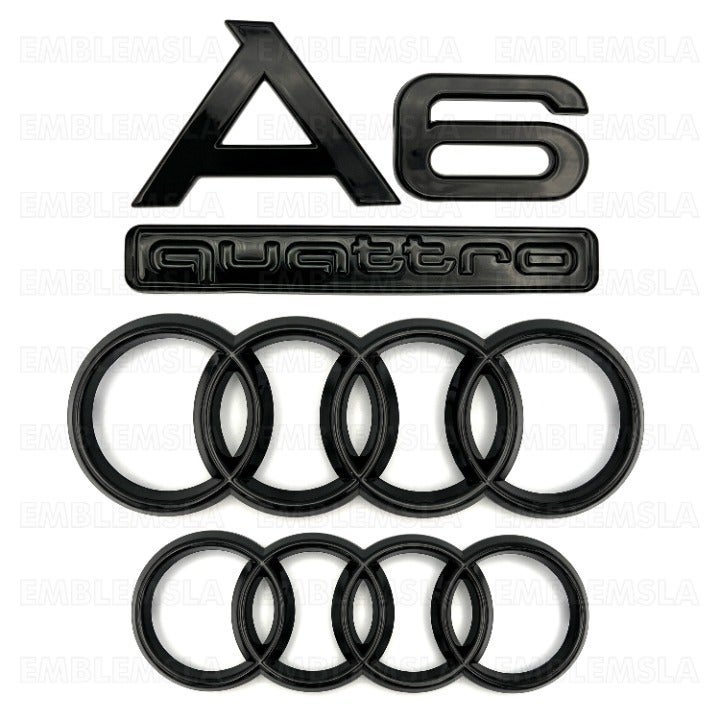 Audi A6 Front Rear Rings Emblem Gloss Black Trunk Logo Quattro Badge Set 4PC 201