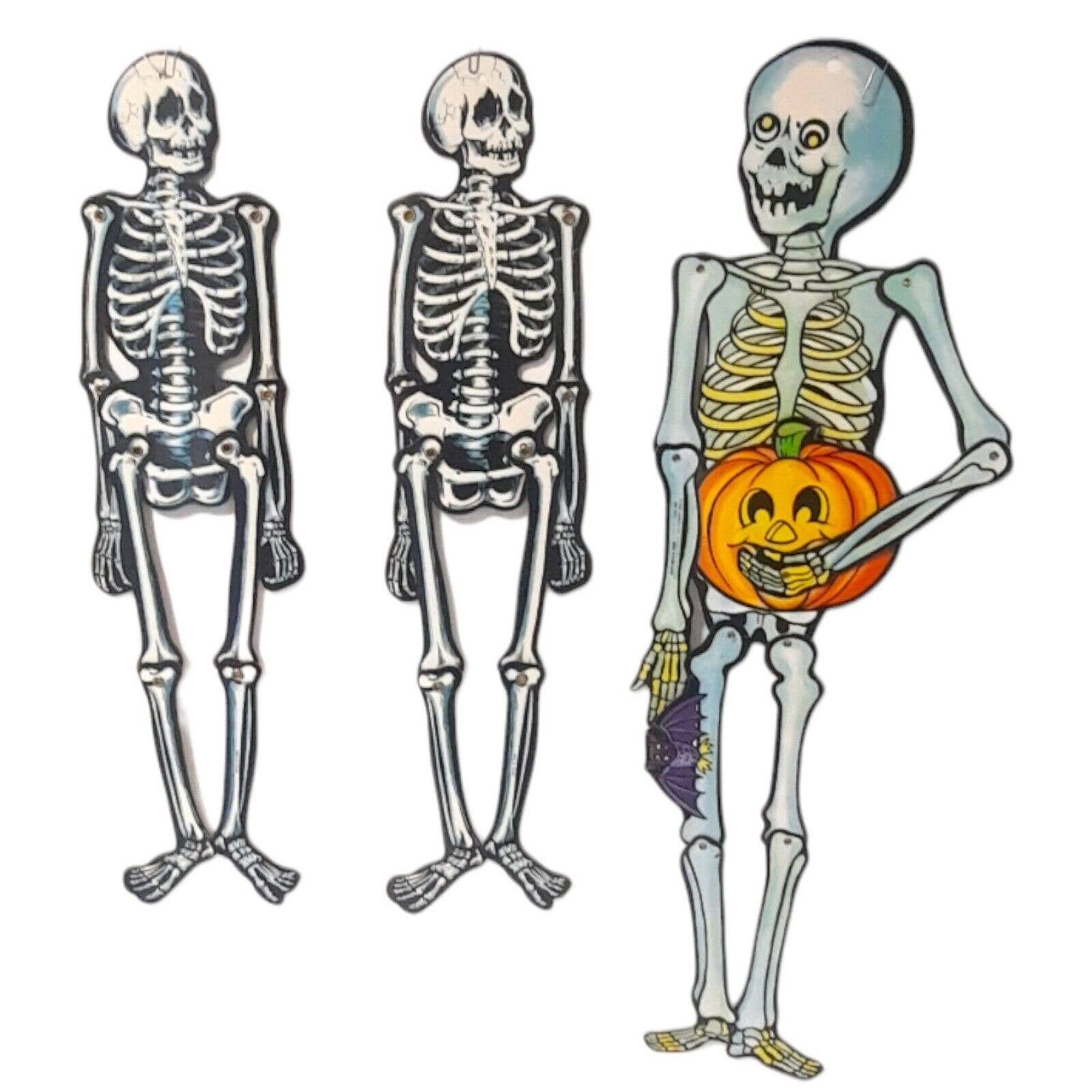 3 Vintage Halloween Die Cut Jointed Skeletons 21” (2) and 26 (1) Tall-Fun World