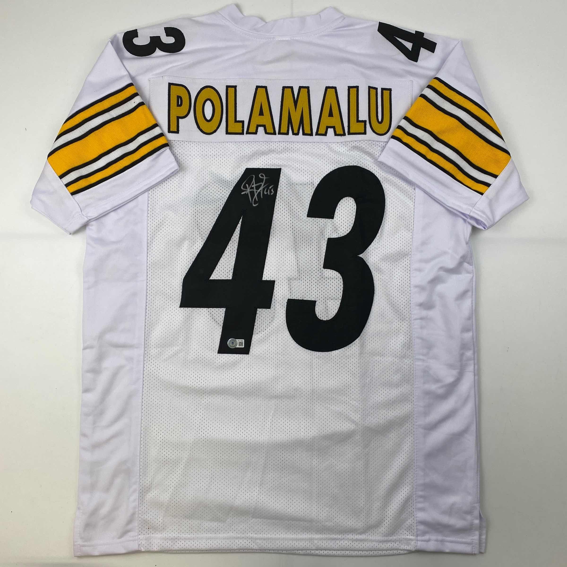 Autographed/Signed Troy Polamalu Pittsburgh White Jersey Beckett BAS COA