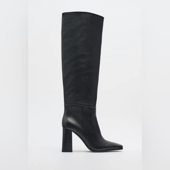 NWOT. Zara Black Leather Block Heel Knee-High Boots. Size 8.