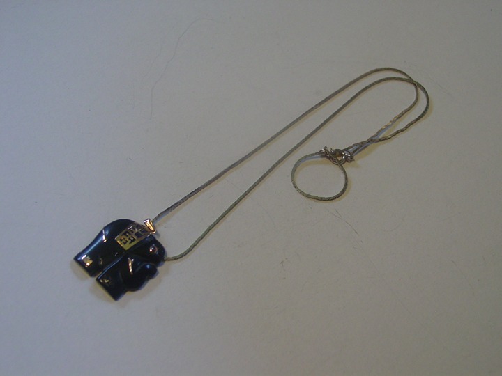 14K W/ Ruby Eye Black/Blue Stone Elephant Pendant Necklace