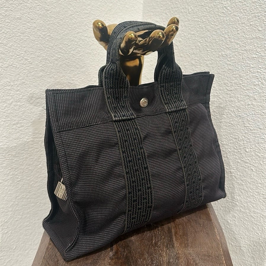 Hermes Handbag Tote PM Yell Line Canvas Gray HERMES Authentic!!!