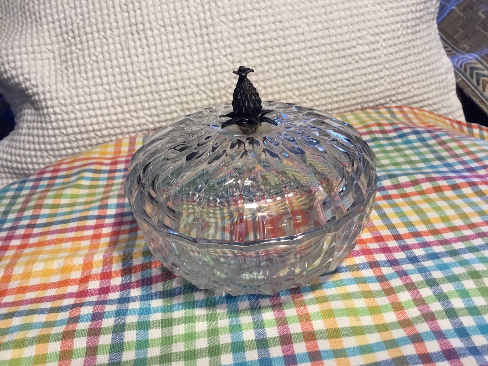 Vintage Signed Val St Lambert Crystal Covered Trinket Dish W/ Pineapple C 1930’s