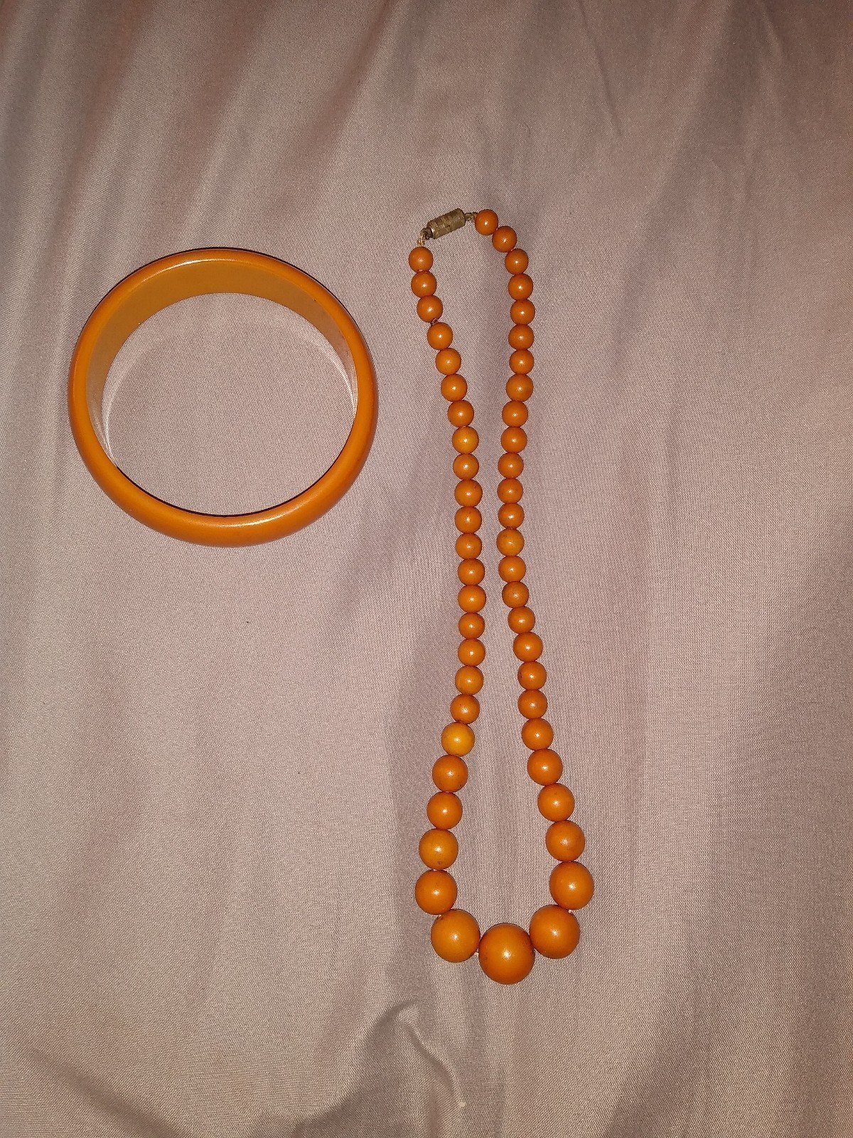 maple colored bakelite bracelet, 16 inch bakelite graduated bead necklace